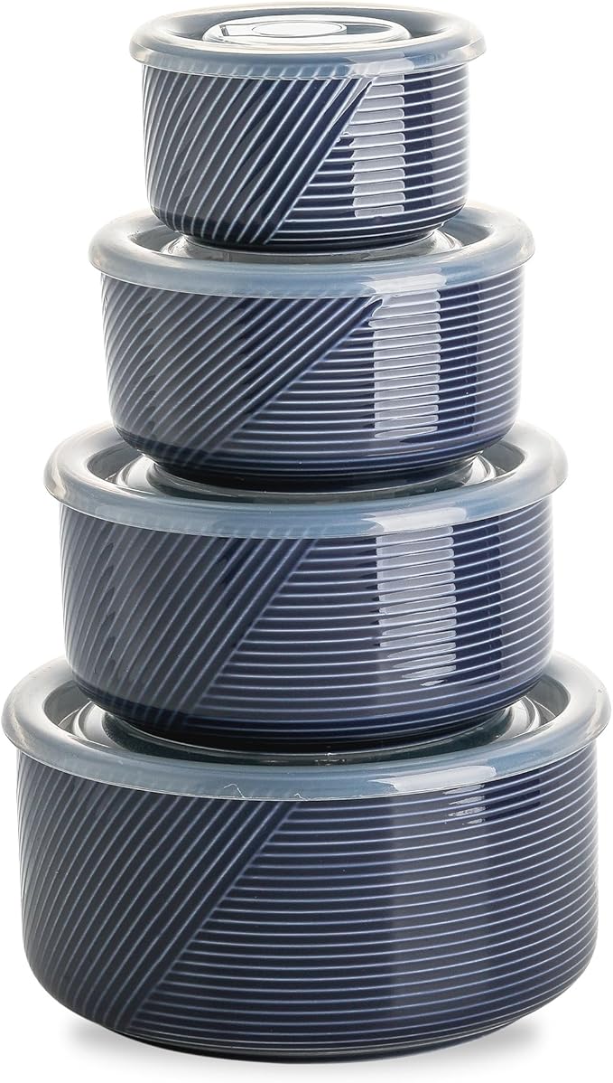 Ceramic nesting bowls with lids navy set of 4 — porcelain food storage and serving bowls for calm dining table essentials