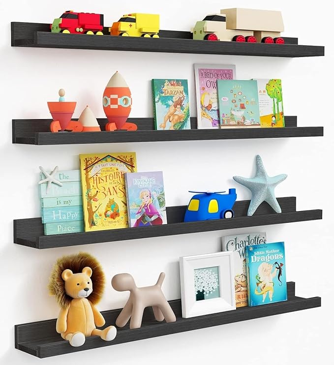 Black floating picture ledge shelf set of 4 36 inch narrow wood wall shelf for living room bedroom office calm home decor