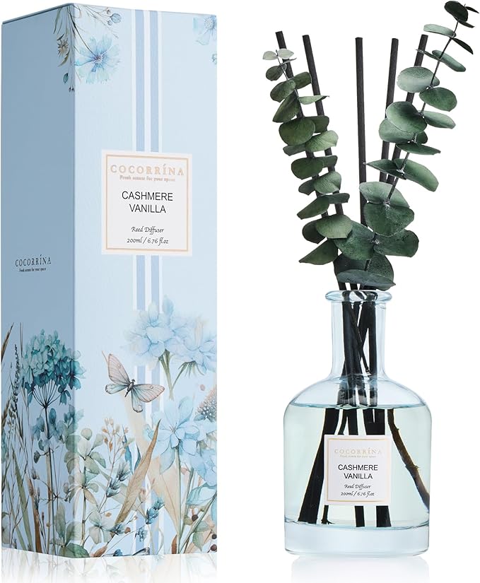 Cashmere vanilla reed diffuser 6.76oz with eucalyptus sticks elegant home fragrance for bedroom bathroom welcome home setup