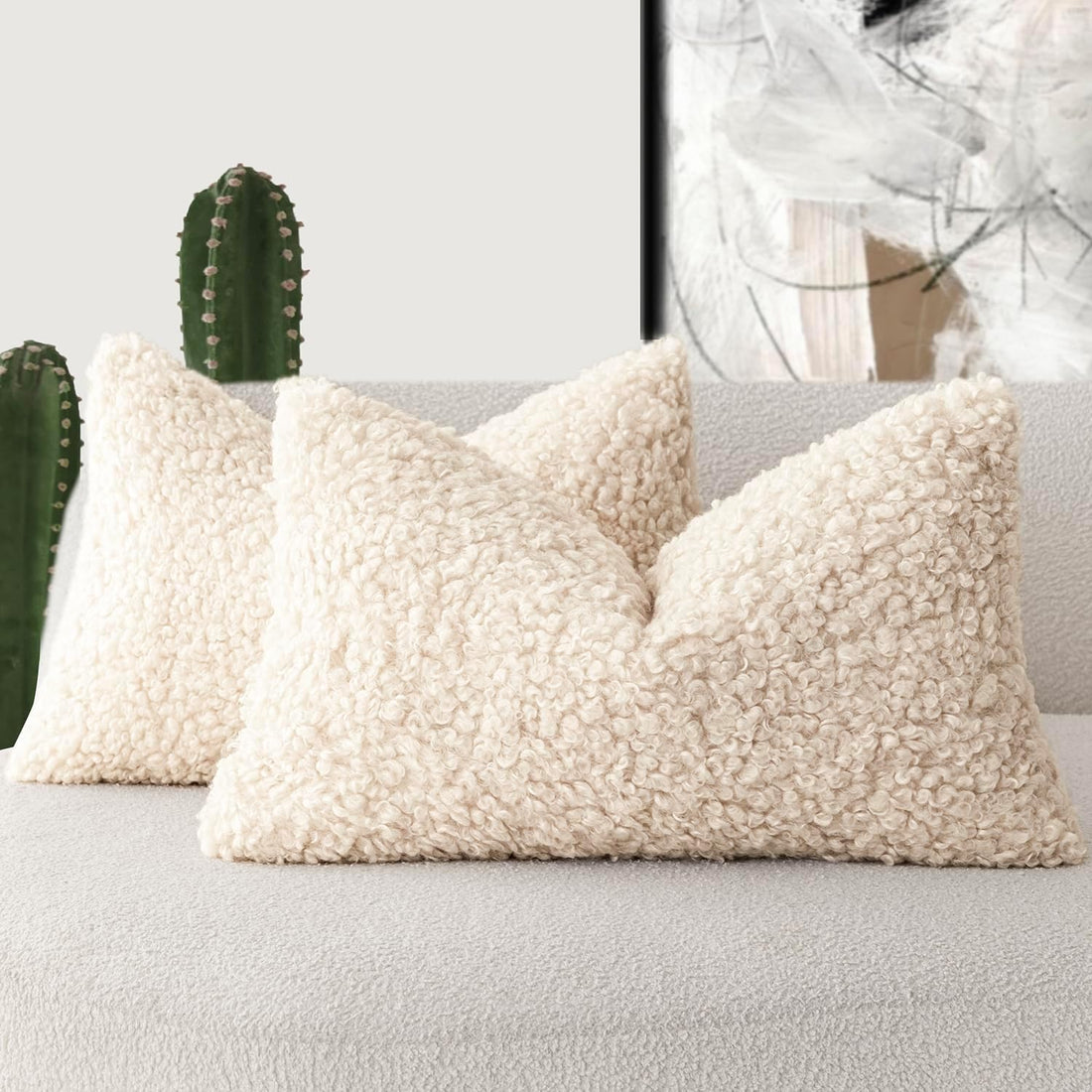 Foindtower boucle textured lumbar throw pillow covers cream beige set of 2 — curly teddy wool cushion case for calm sofa bedroom decor