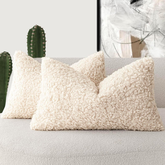 Foindtower boucle textured lumbar throw pillow covers cream beige set of 2 — curly teddy wool cushion case for calm sofa bedroom decor