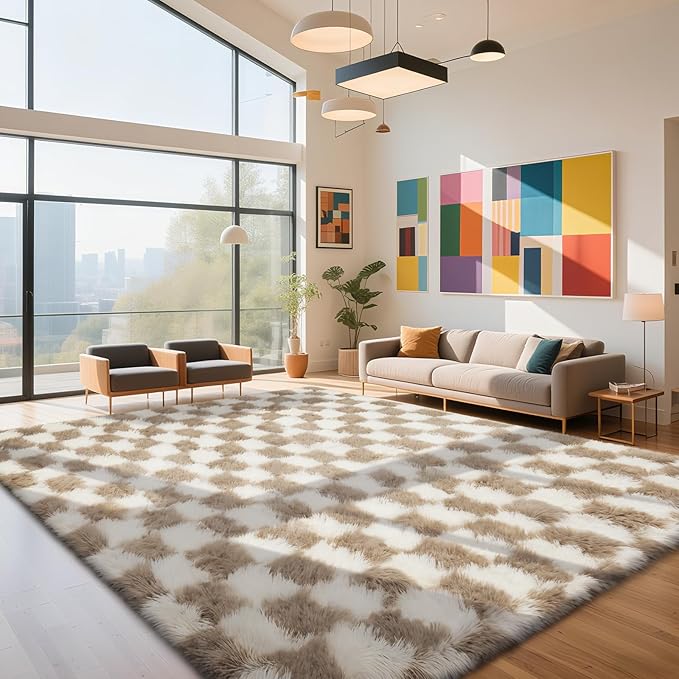 Checkered rug beige and white 9x12 shaggy area rug — classic living room and bedroom carpet for calm grounded home decor