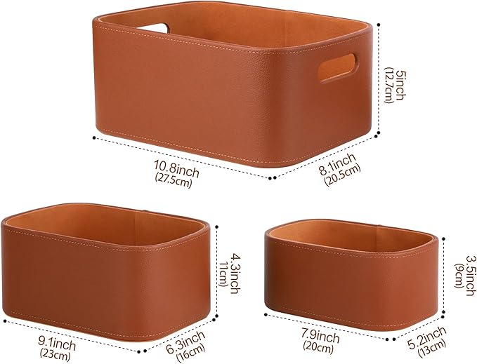 Faux leather storage baskets on bookshelf — calm home display and shelf organization solution