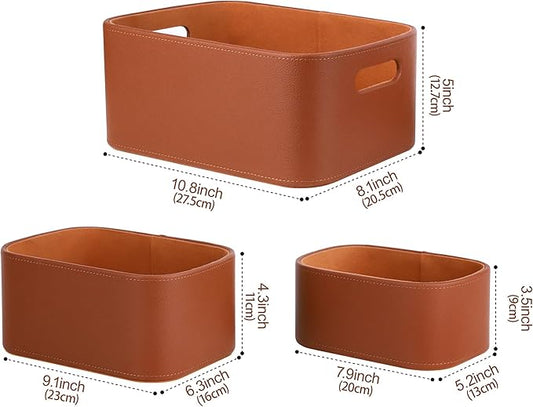 Faux leather storage baskets on bookshelf — calm home display and shelf organization solution