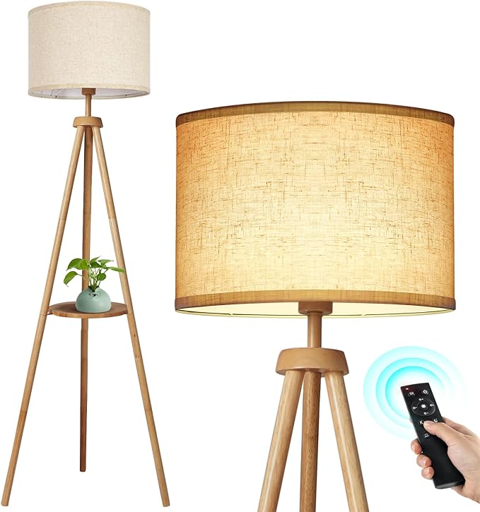 OUTON wood tripod floor lamp with shelves mid century dimmable LED — warm ambient lighting for calm living room or bedroom