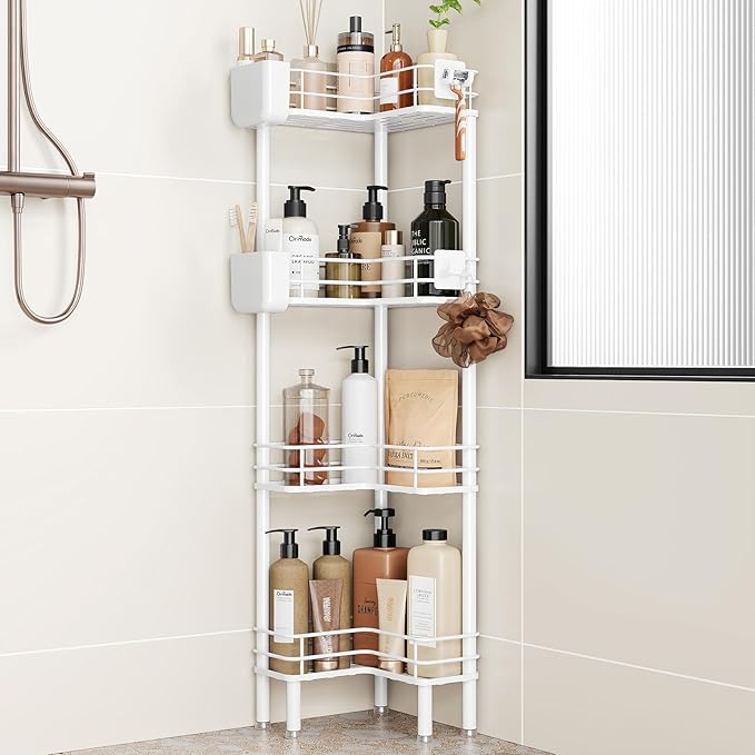 Orimade 4-tier white corner shower caddy organizer with hooks — rustproof bathroom storage for a calm spa-like bathroom