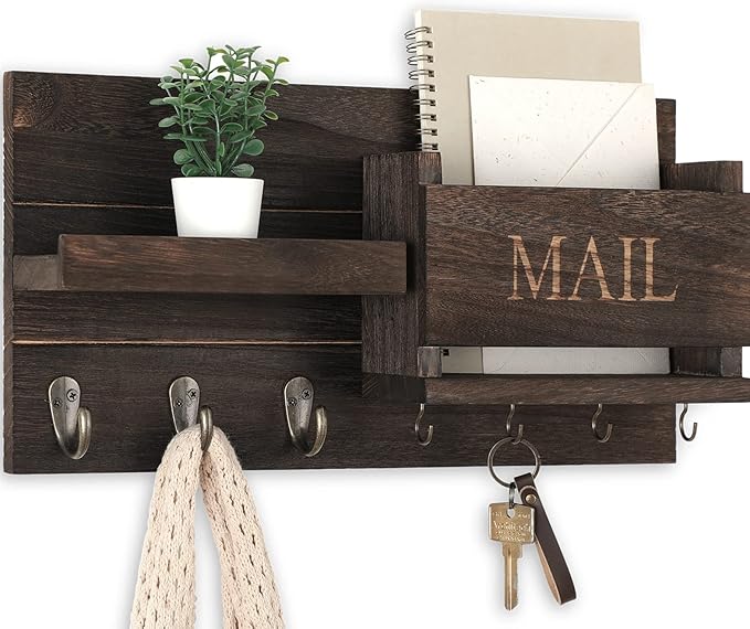 Rustic wood wall-mount mail organizer with key hooks and shelf — farmhouse entryway storage for a calm, clutter-free home