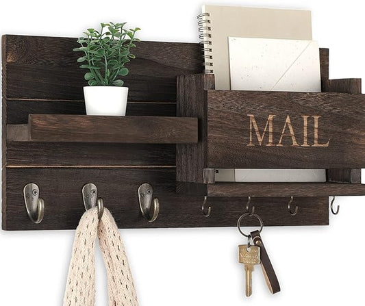 Rustic wood wall-mount mail organizer with key hooks and shelf — farmhouse entryway storage for a calm, clutter-free home
