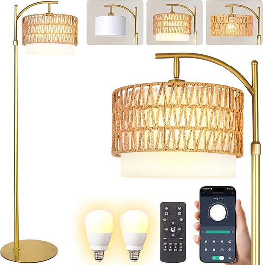 Bohemian rattan floor lamp gold arc design 12W LED dimmable remote — warm statement lighting for calm living room bedroom