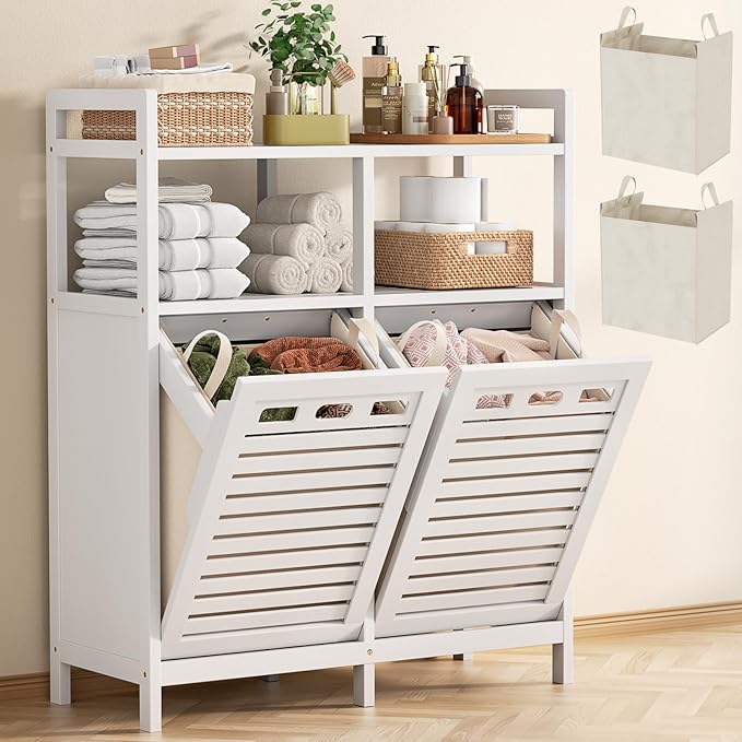 Homykic white bamboo tilt-out laundry hamper cabinet with 2 removable baskets and shelf — calm organized laundry room storage