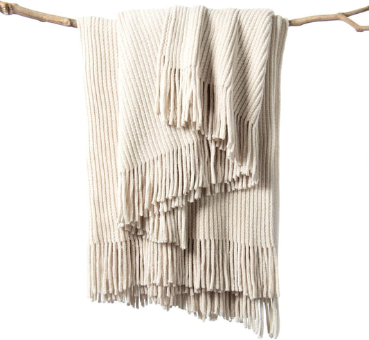 Chenille knit throw blanket cream white boho soft 50x60 for calm bedroom couch and living room decor
