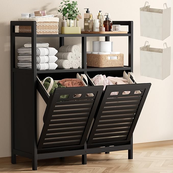 Bamboo tilt-out laundry hamper cabinet with dual baskets — calm laundry room organization solution