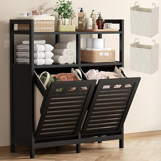 Bamboo tilt-out laundry hamper cabinet with dual baskets — calm laundry room organization solution