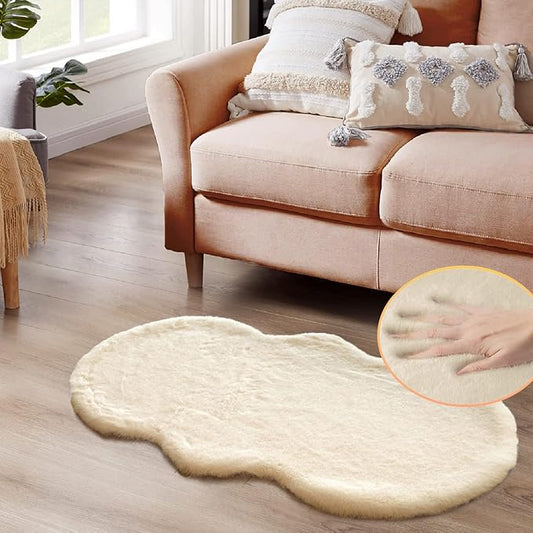 Light brown beige plush faux rabbit shaggy fur area rug for living room calm home decor