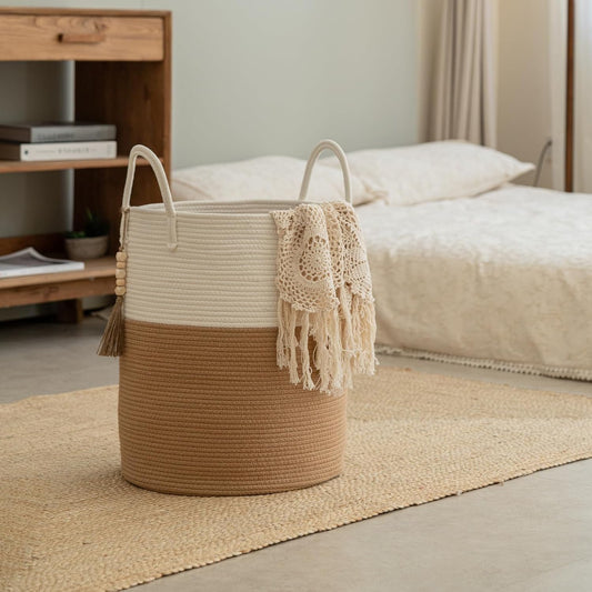Boho cotton rope storage basket with wooden tassels in a calm living room, natural fiber home organization decor