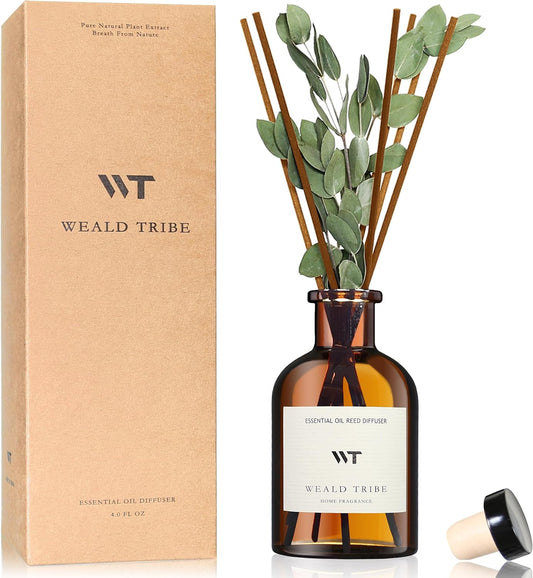 Eucalyptus and lavender reed diffuser with dried flower decor in amber glass bottle, 60-day home fragrance for calm living spaces