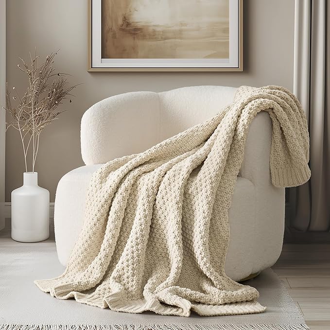 EVERGRACEHOME chunky chenille knit throw blanket beige cozy sofa calm home under 25