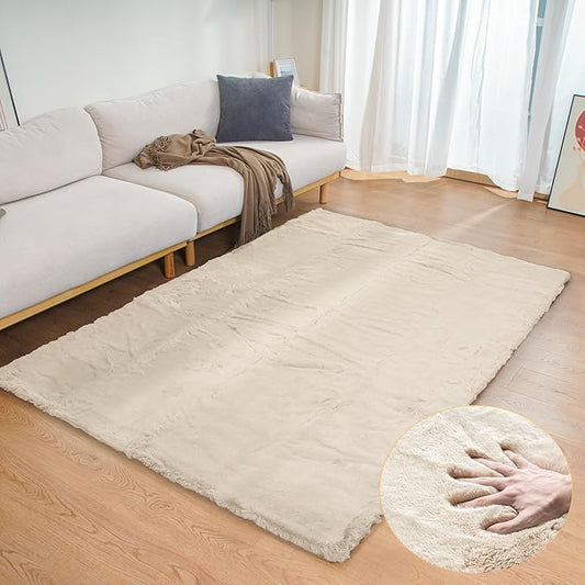 Beige plush faux rabbit fur area rug bedroom shag carpet living room calm home decor
