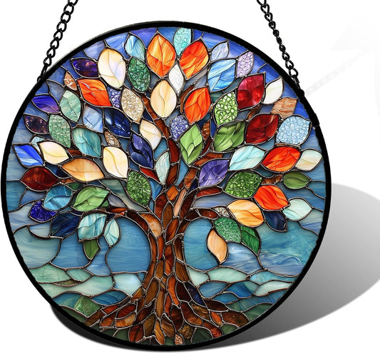 Tree of Life Stained Glass Suncatcher colorful window hanging blue glass panel decor for home bedroom living room