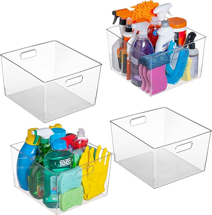 Clear plastic storage bins XL 4-pack for kitchen pantry and fridge organization — calm kitchen essentials