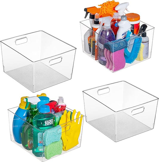 Clear plastic storage bins XL 4-pack for kitchen pantry and fridge organization — calm kitchen essentials