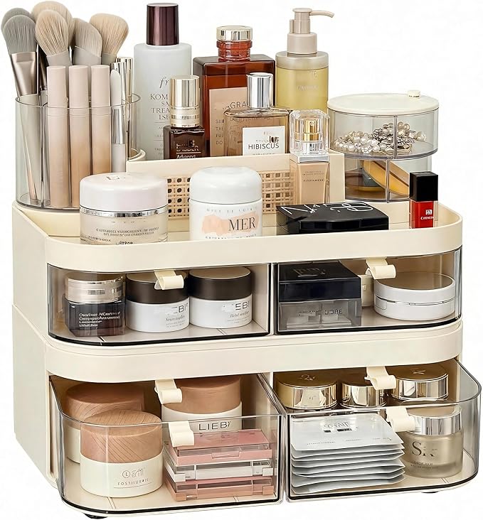 Large rotating makeup organizer with drawers 3 tier skincare storage tower — calm vanity organization solution
