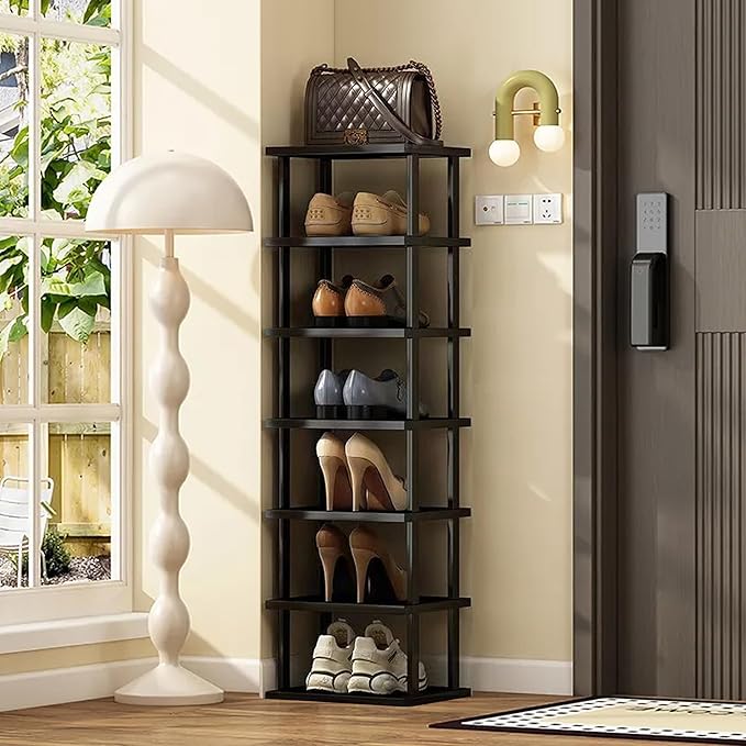 Vertical bamboo shoe rack with 7 tiers — slim entryway storage organizer for small spaces and hallways