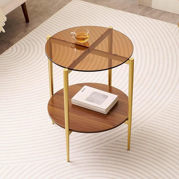Round glass end table mid-century modern design with amber glass top and gold finish — warm living room side table for cozy home styling