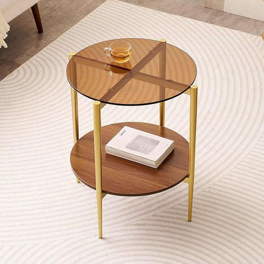 Round glass end table mid-century modern design with amber glass top and gold finish — warm living room side table for cozy home styling