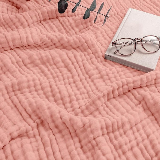 Comfy Cubs muslin throw blanket bold blush 50x60 — soft breathable 6-layer gauze bedroom essential for a calm sleep space