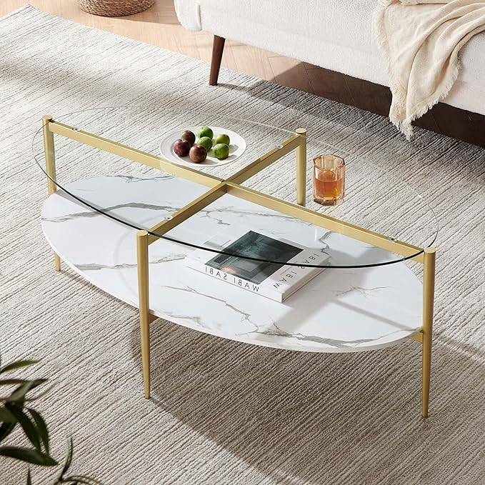 Oval glass coffee table mid-century modern design for calm living room styling with gold finish frame