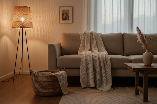 Calm, softly lit living room with neutral tones, a rattan lamp, and a linen throw — a mentally restorative home environment