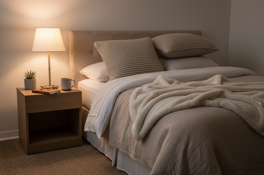 Cozy bedside setup with reading light and soft throw blanket