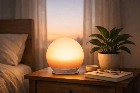 Sunrise wake-up light glowing on a bedside table at dawn