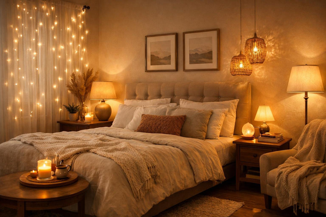 Bedroom with warm layered lighting including bedside lamp and string lights