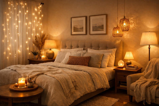 Bedroom with warm layered lighting including bedside lamp and string lights