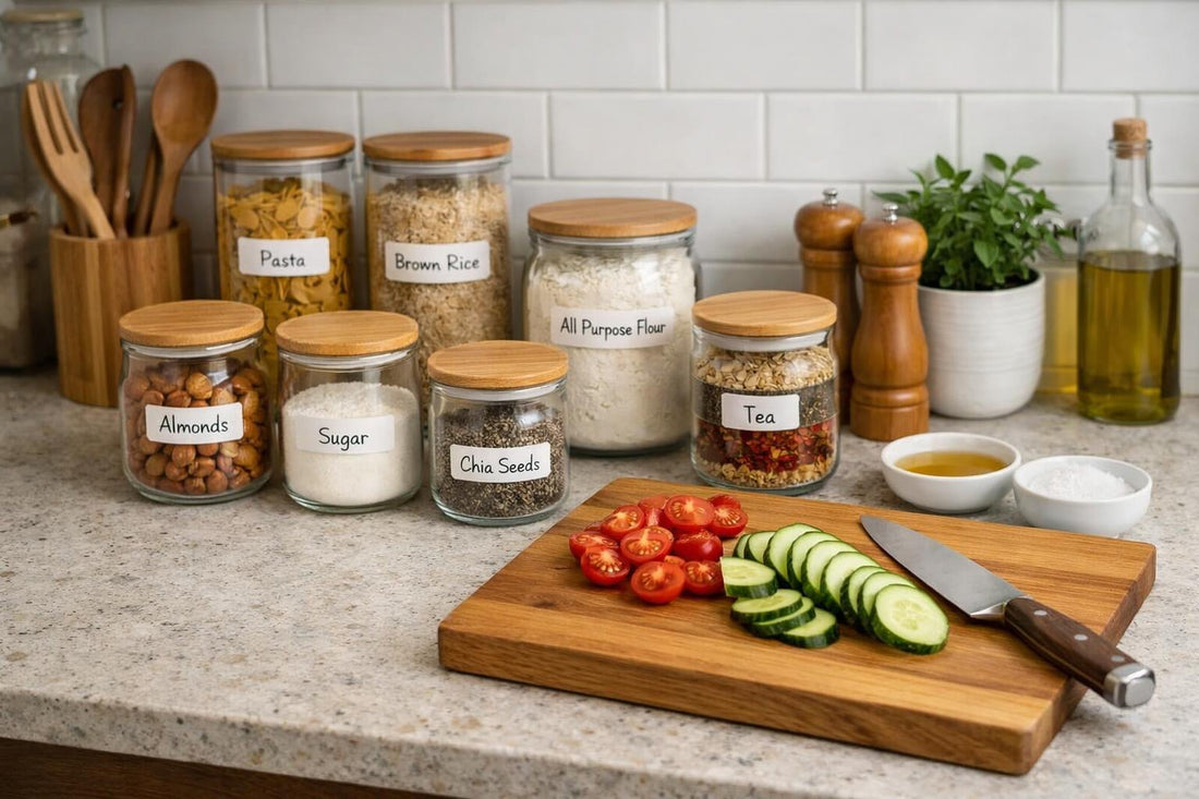 Calm tidy kitchen countertop with labeled jars and cutting board