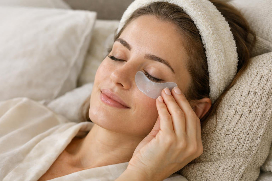 Person applying cooling under eye patch to under eye area
