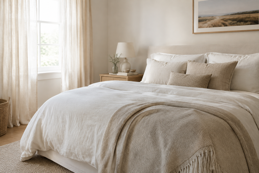 Calm bedroom with light bedding and uncluttered surfaces