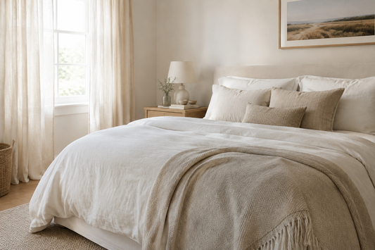 Calm bedroom with light bedding and uncluttered surfaces