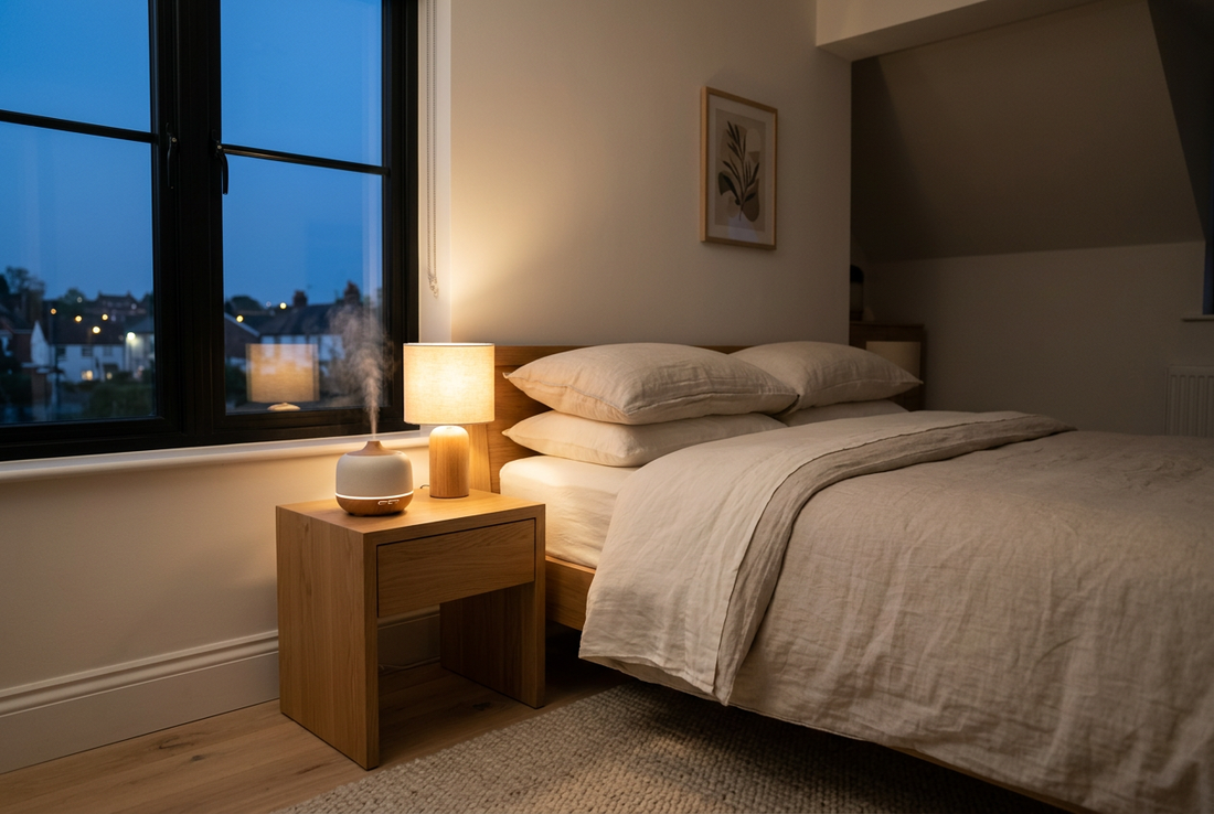 Calm neutral bedroom with soft lighting and a thoughtfully placed aromatherapy diffuser.