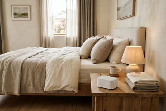 Portable white noise machine on a peaceful hotel bedside table beside warm lighting and folded linen.