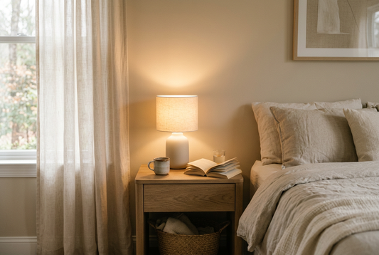 Warm rechargeable bedside lamp on a calm neutral nightstand