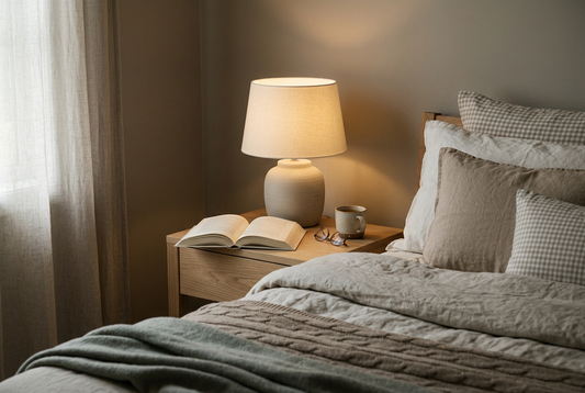 Calm bedside reading corner with a softly lit book.