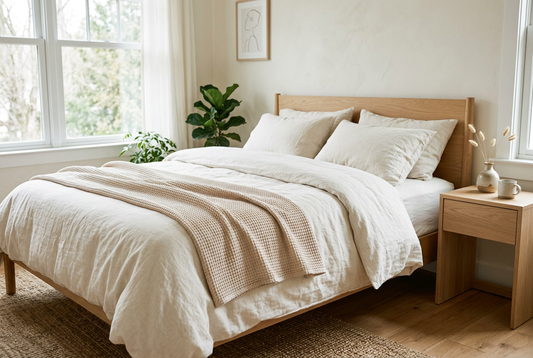Calm neutral bedroom with a lightweight textured throw folded across the bed