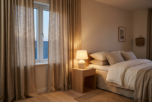 Calm bedroom with closed curtains and a softly illuminated bedside table
