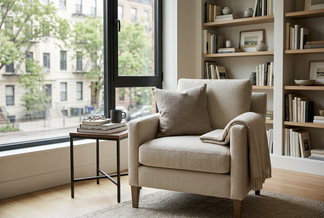 Calm reading corner with soft cushion and natural window light