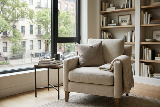 Calm reading corner with soft cushion and natural window light