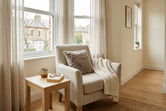 Comfortable reading chair beside a window with a small table and clear walking space.