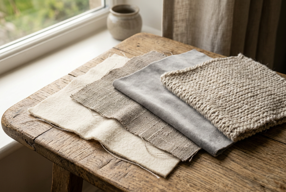 Soft neutral cushion fabrics showing different textures for a calm living room.
